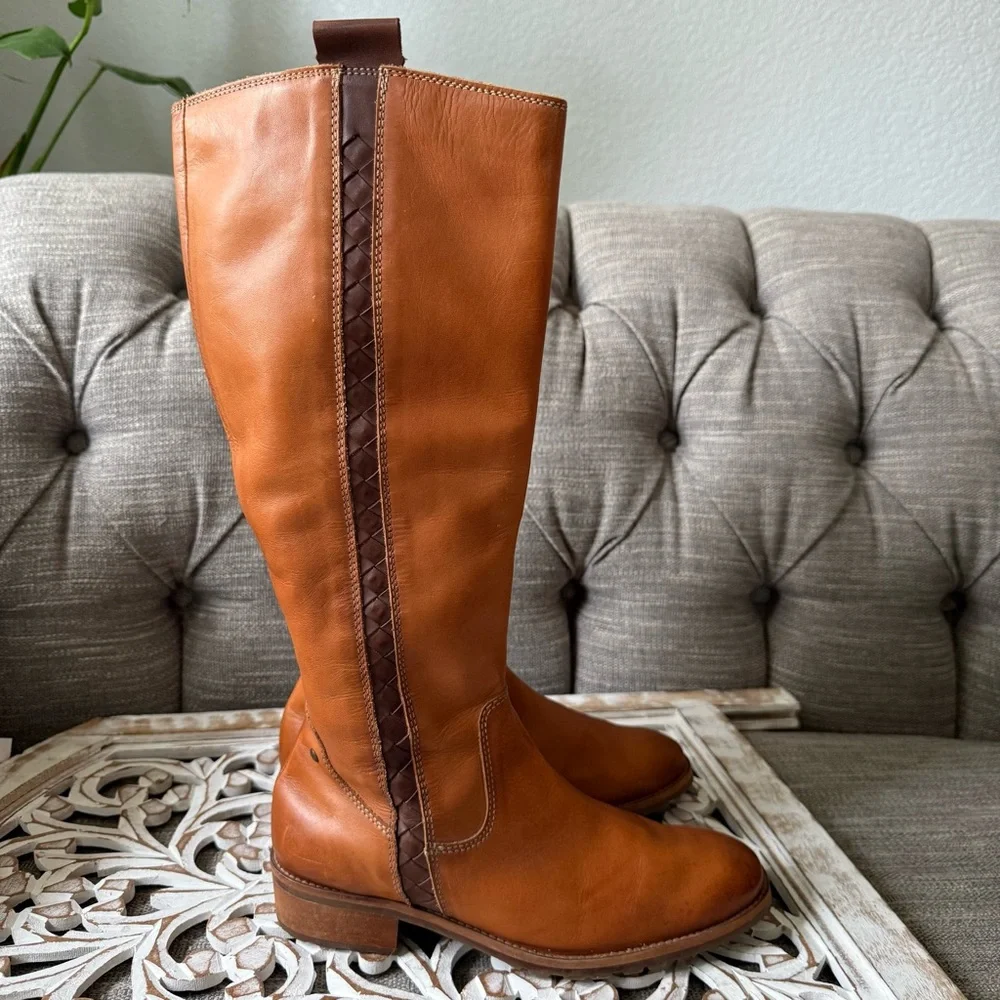 Pikolinos Tan Leather Tall Riding Boots Women’s 39 8.5 Braided Detail Zip Up - Picture 6 of 16